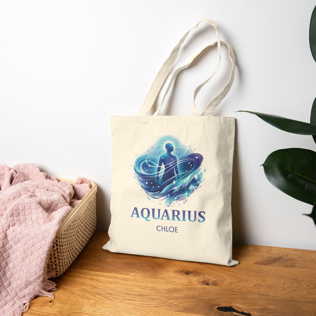 Model carrying the personalized Aquarius zodiac tote bag over the shoulder, back view