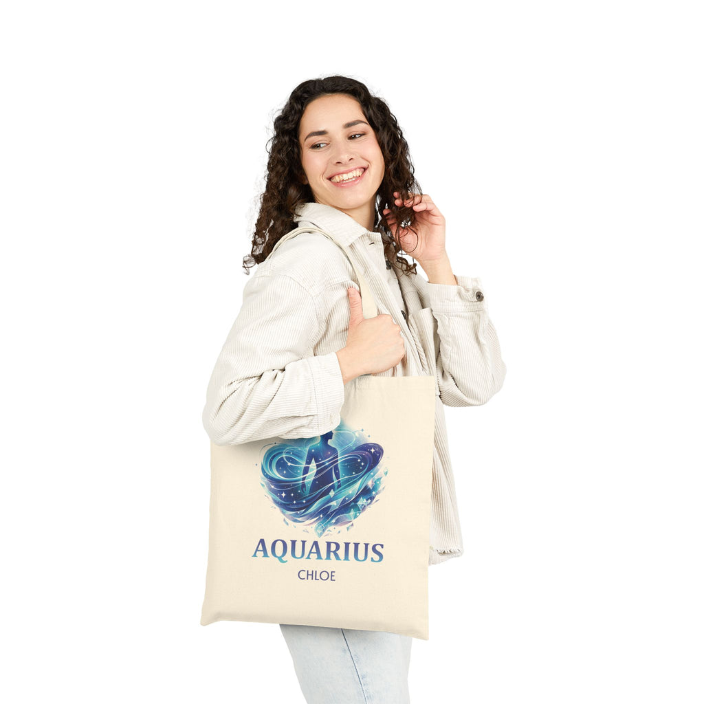Close-up of the Aquarius zodiac design and personalized name print on the tote bag