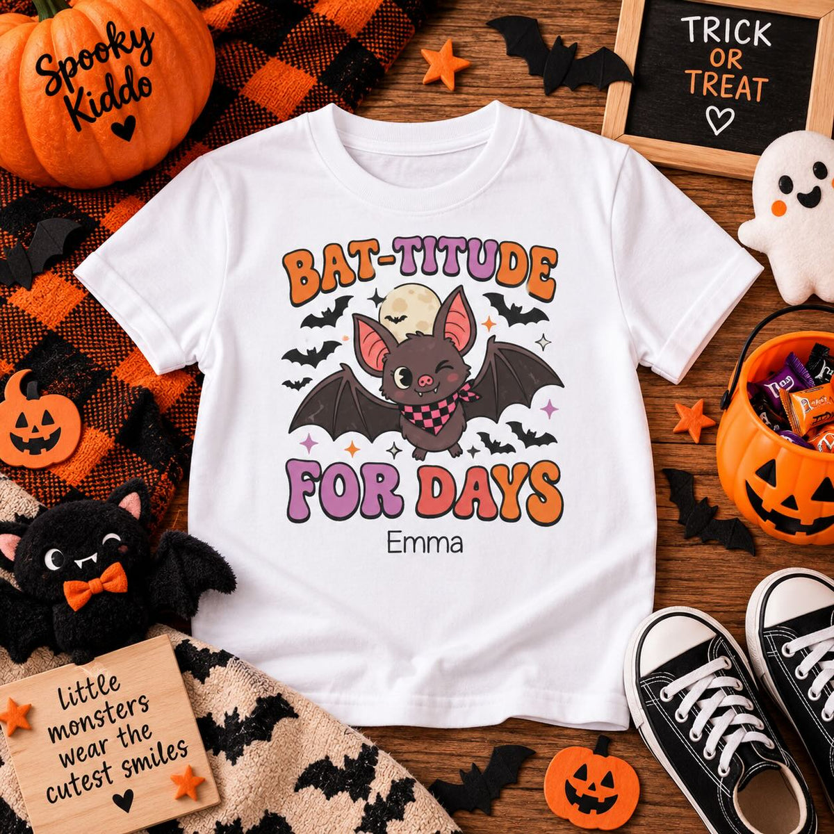 Boy wearing personalized Bat-titude Halloween t-shirt