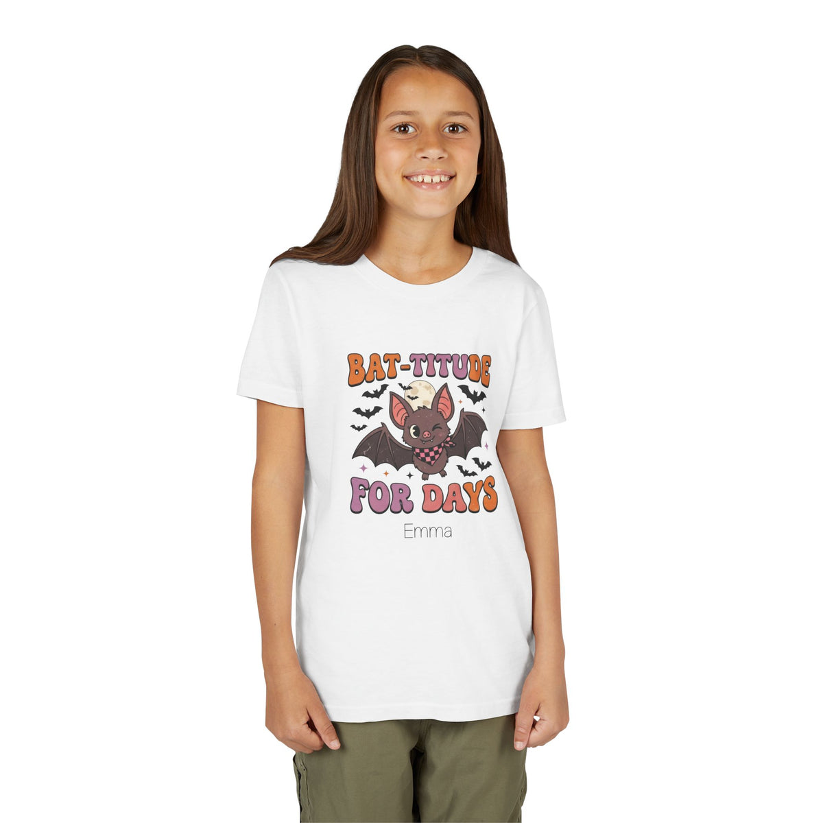 Girl wearing personalized Bat-titude Halloween t-shirt
