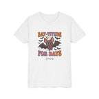 Personalized Bat-titude Halloween kids t-shirt with custom name, front flat lay