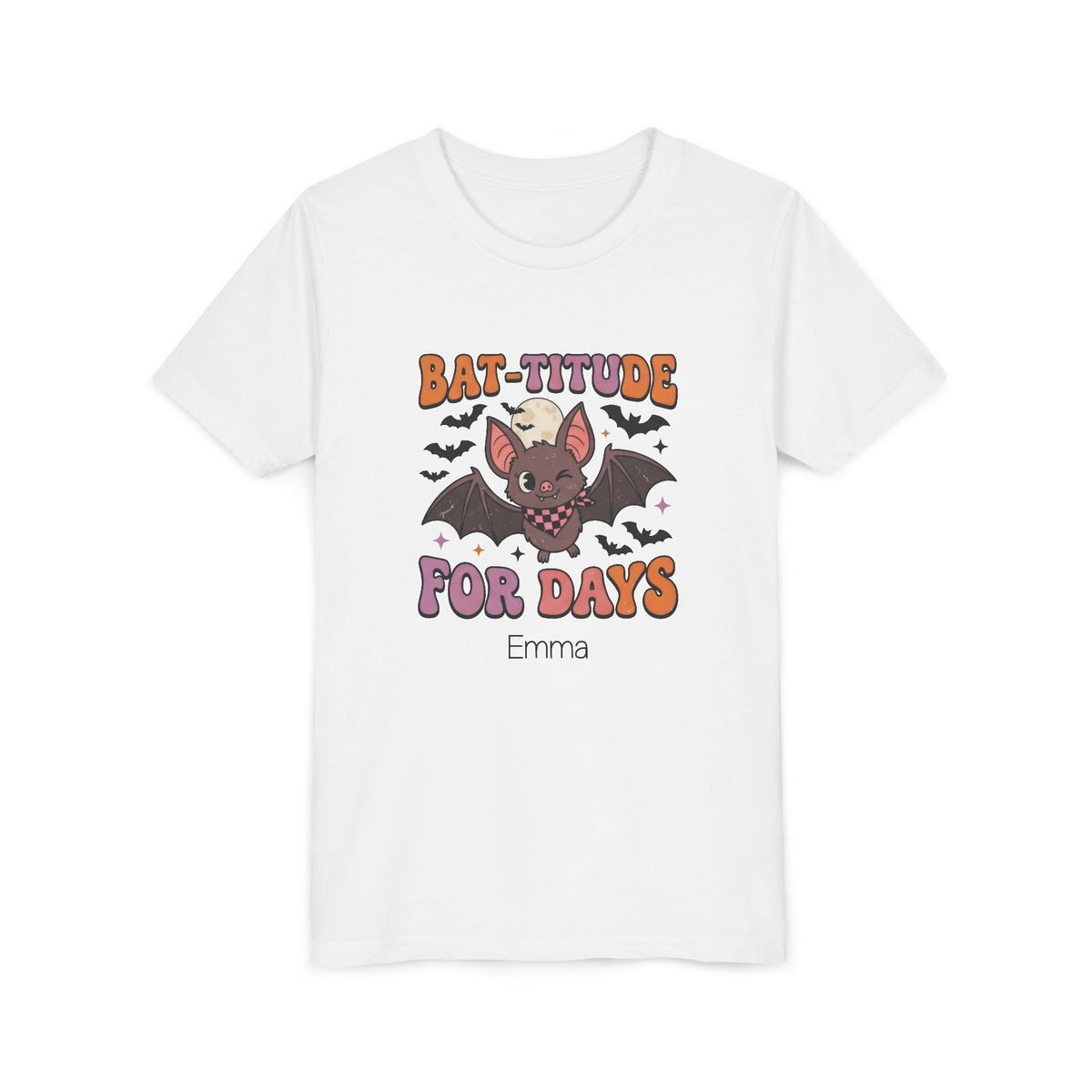 Personalized Bat-titude Halloween kids t-shirt with custom name, front flat lay