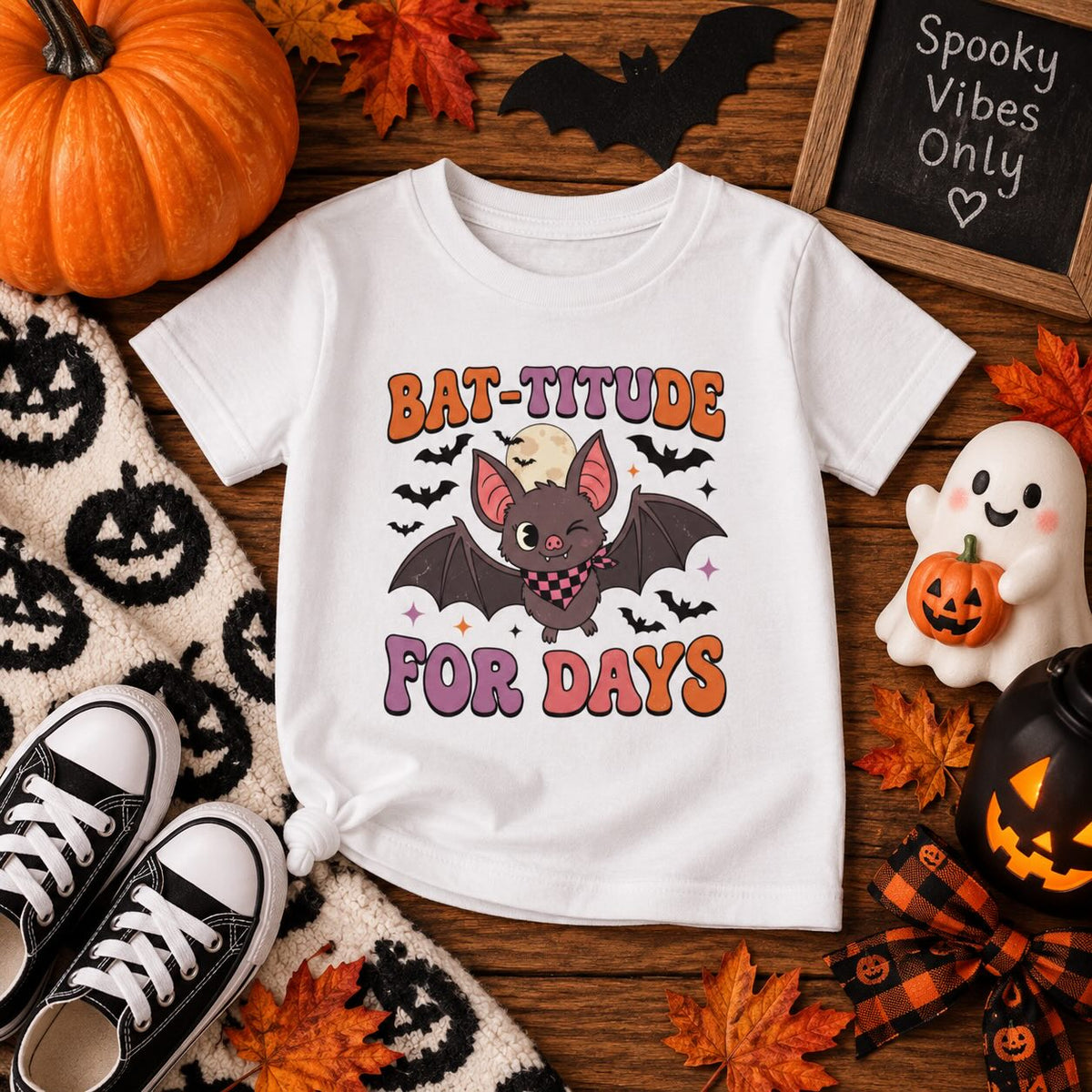 Toddler wearing personalized Bat-titude Halloween t-shirt, back view showing custom name