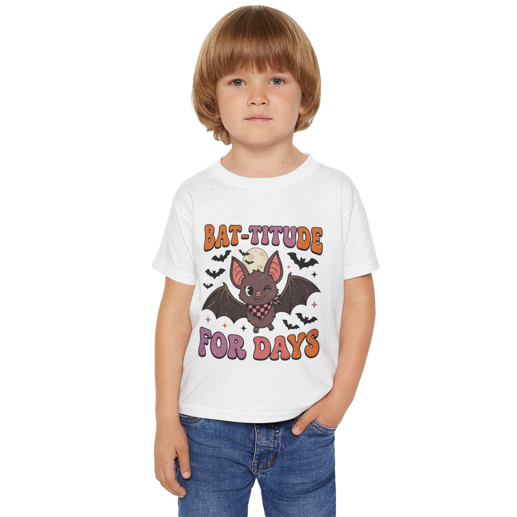 Close-up of cute bat graphic on toddler Halloween tee