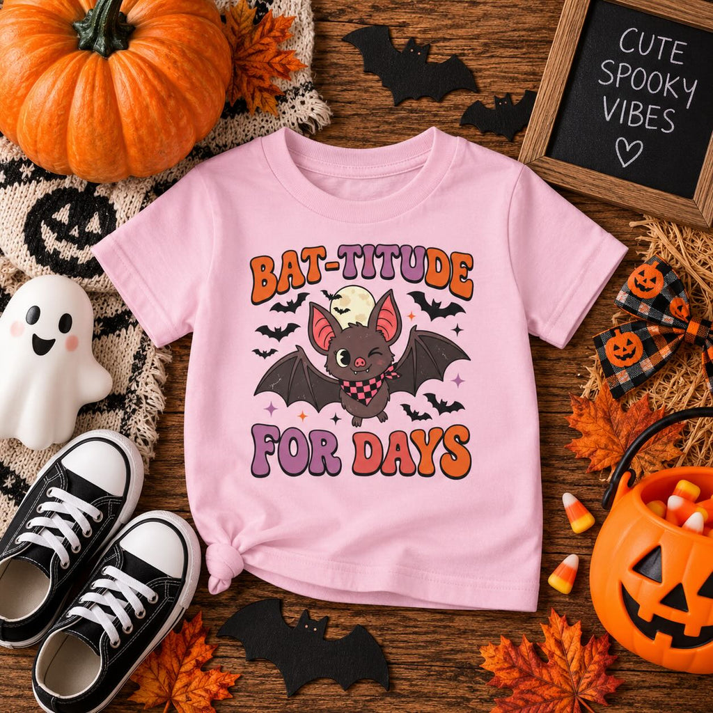 Personalized Bat-titude toddler Halloween t-shirt, folded product shot