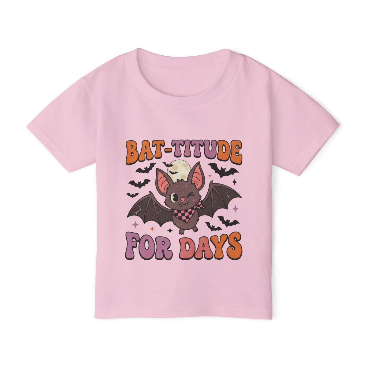 Toddler girl wearing personalized Bat-titude Halloween t-shirt, front view