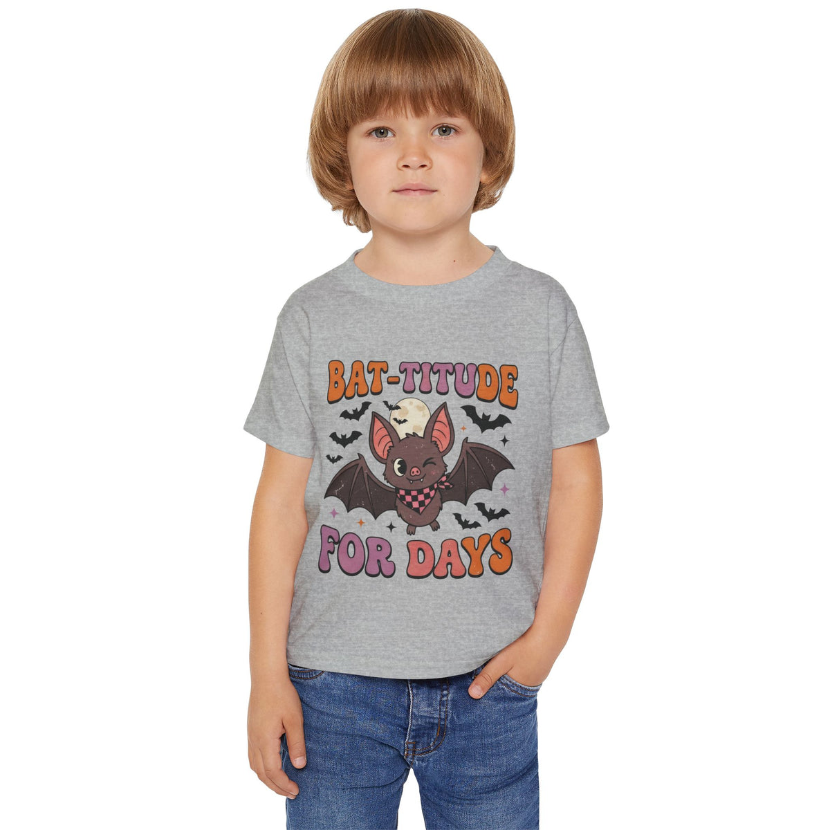 Personalized Bat-titude toddler Halloween t-shirt in white colorway