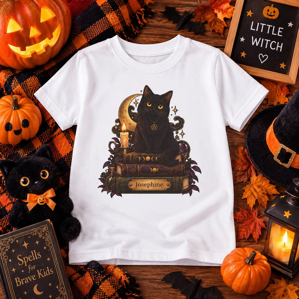 Girl wearing personalized black cat Halloween t-shirt