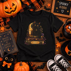 Kid wearing personalized black cat Halloween t-shirt at home