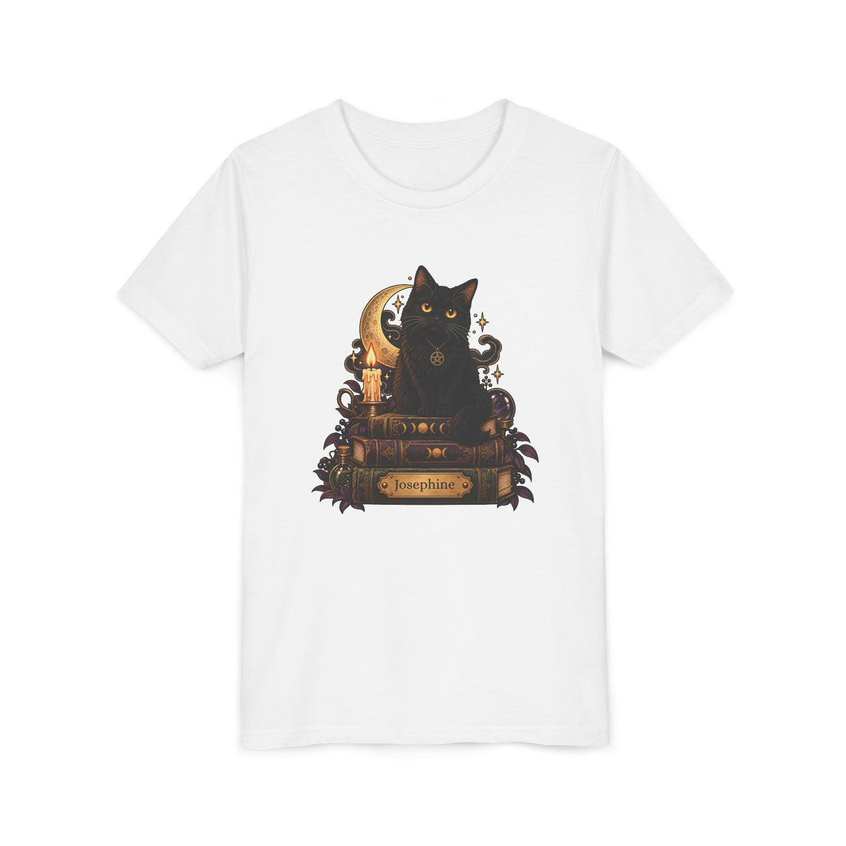 Personalized black cat witch Halloween kids t-shirt with custom name, front flat lay