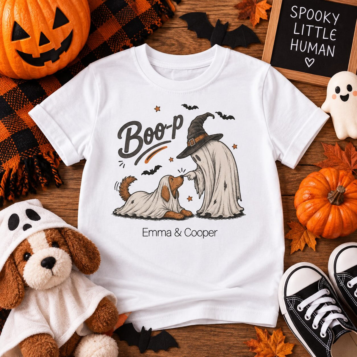 Boy wearing personalized Boo-p ghost and dog Halloween t-shirt