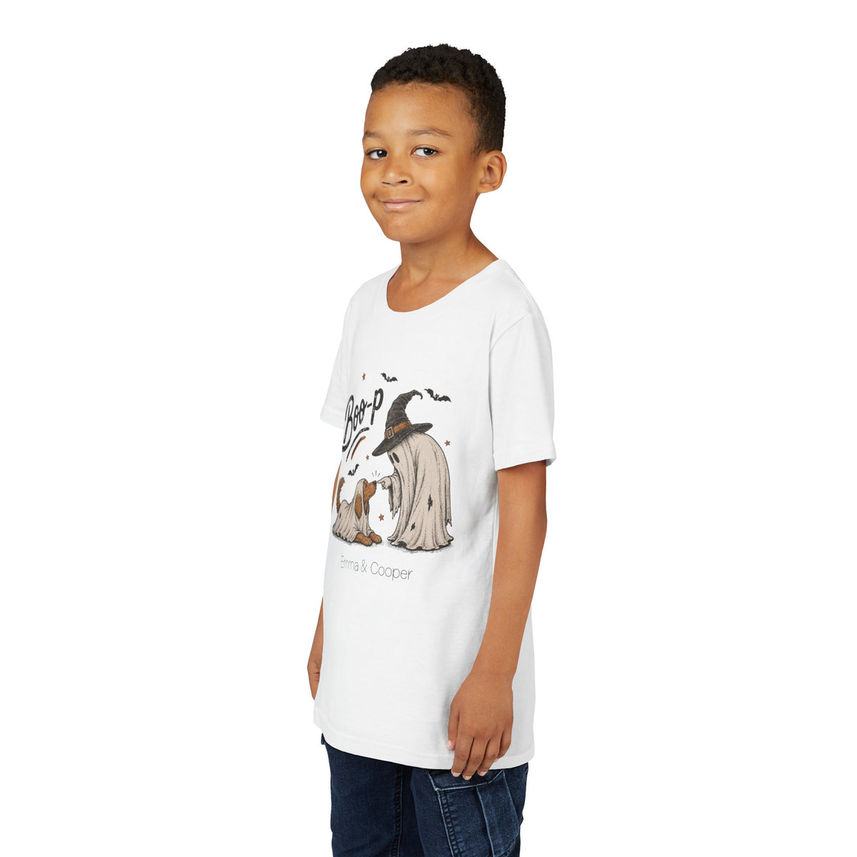 Close-up of ghost kid and ghost dog graphic with custom names on Halloween tee