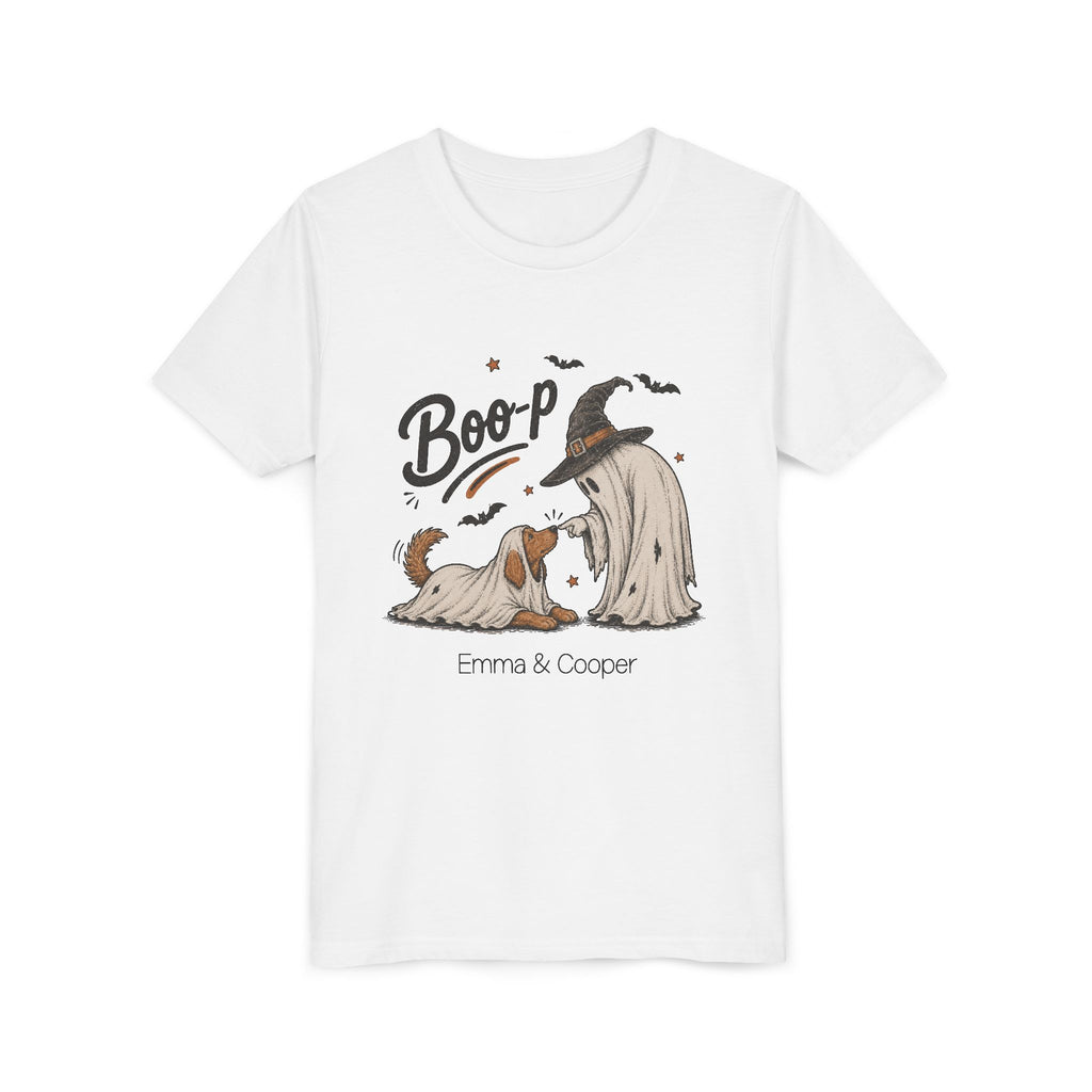 Personalized Boo-p ghost kid and ghost dog Halloween kids t-shirt, front flat lay