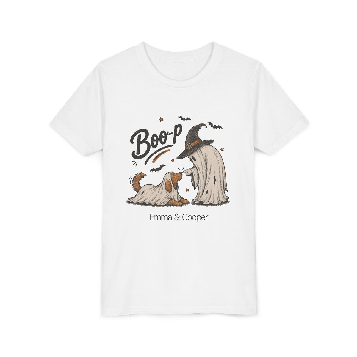 Personalized Boo-p ghost kid and ghost dog Halloween kids t-shirt, front flat lay