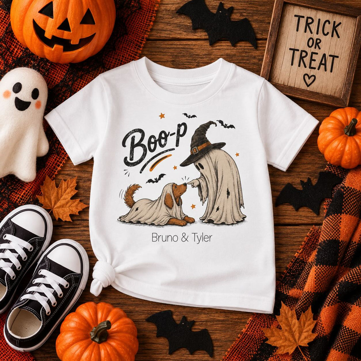 Toddler boy wearing personalized Boo-p ghost and dog Halloween t-shirt