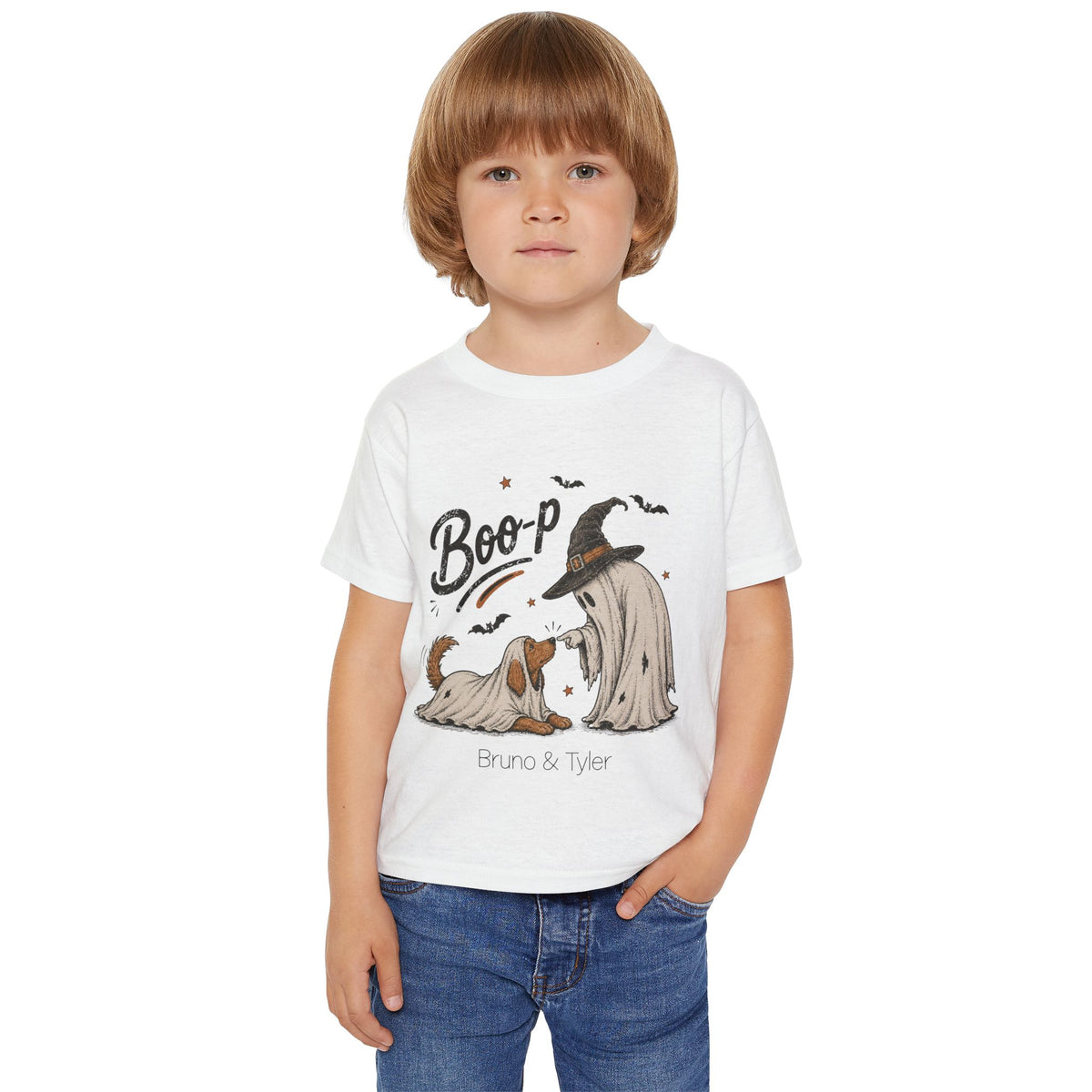 Close-up of ghost kid and ghost dog graphic with custom names on toddler tee