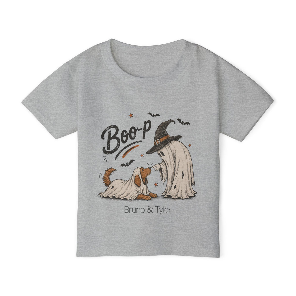 Toddler girl wearing personalized Boo-p ghost and dog Halloween t-shirt