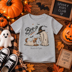 Toddler wearing personalized Boo-p ghost and dog Halloween t-shirt with their dog
