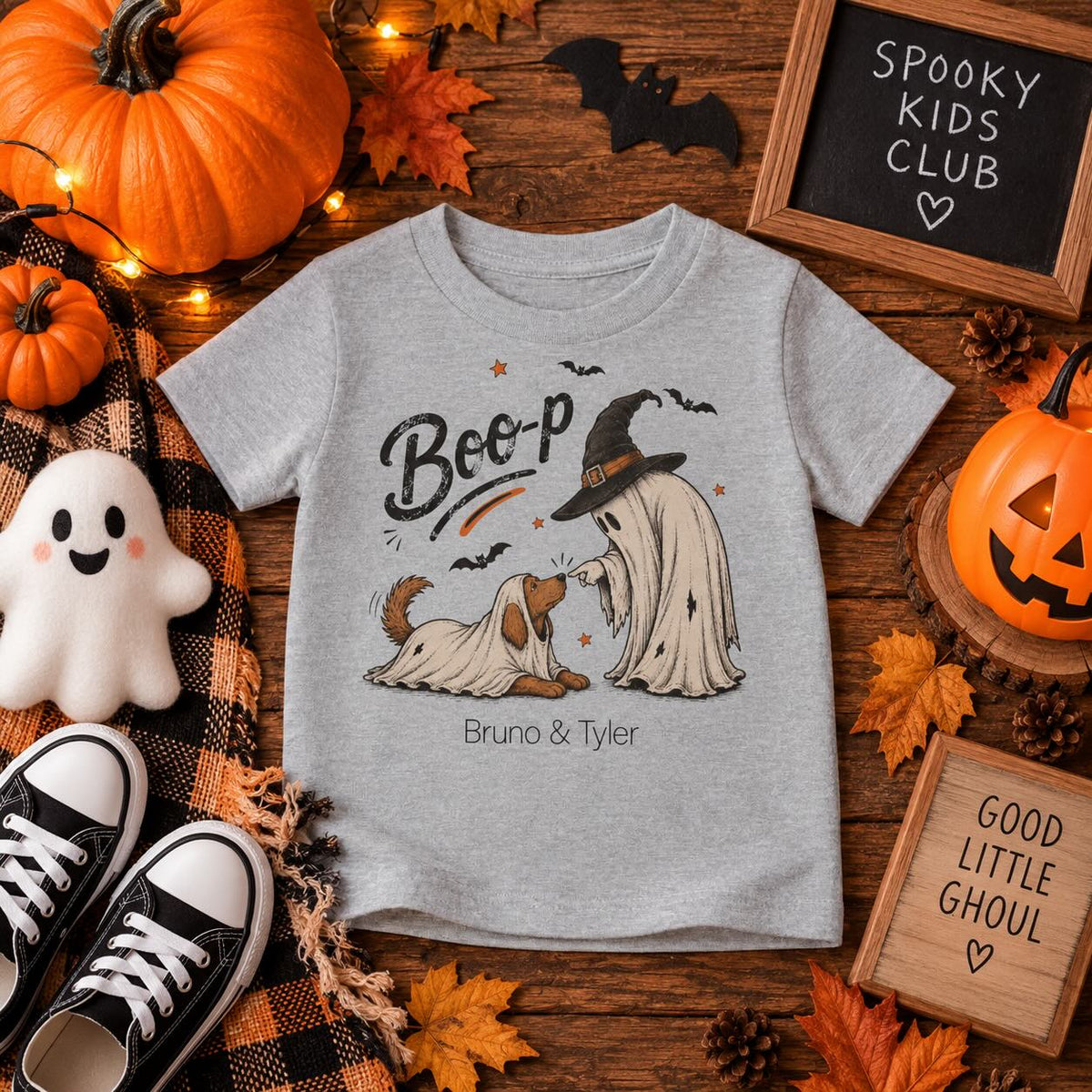 Toddler wearing personalized Boo-p ghost and dog Halloween t-shirt with their dog