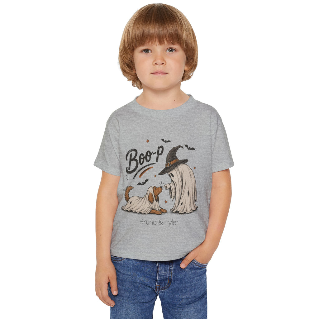 Personalized Boo-p ghost and dog toddler Halloween t-shirt in white colorway
