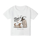 Personalized Boo-p ghost kid and ghost dog toddler Halloween t-shirt with custom names, front flat lay