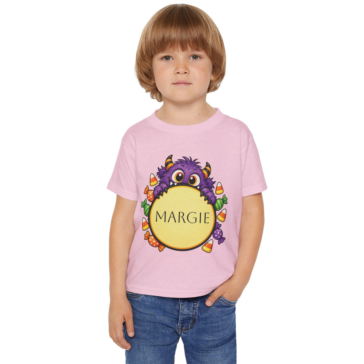 Toddler wearing personalized candy monster Halloween t-shirt, back view