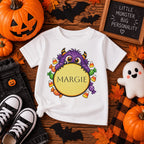 Personalized candy monster Halloween toddler t-shirt, back view showing plain back