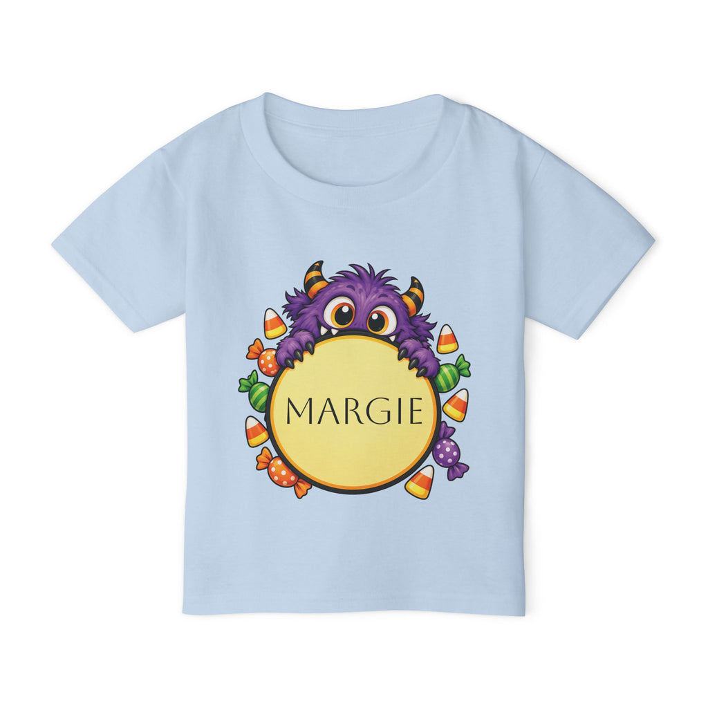 Toddler boy wearing personalized candy monster Halloween t-shirt