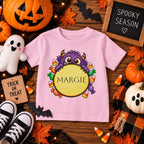 Personalized candy monster Halloween toddler t-shirt, additional flat lay angle