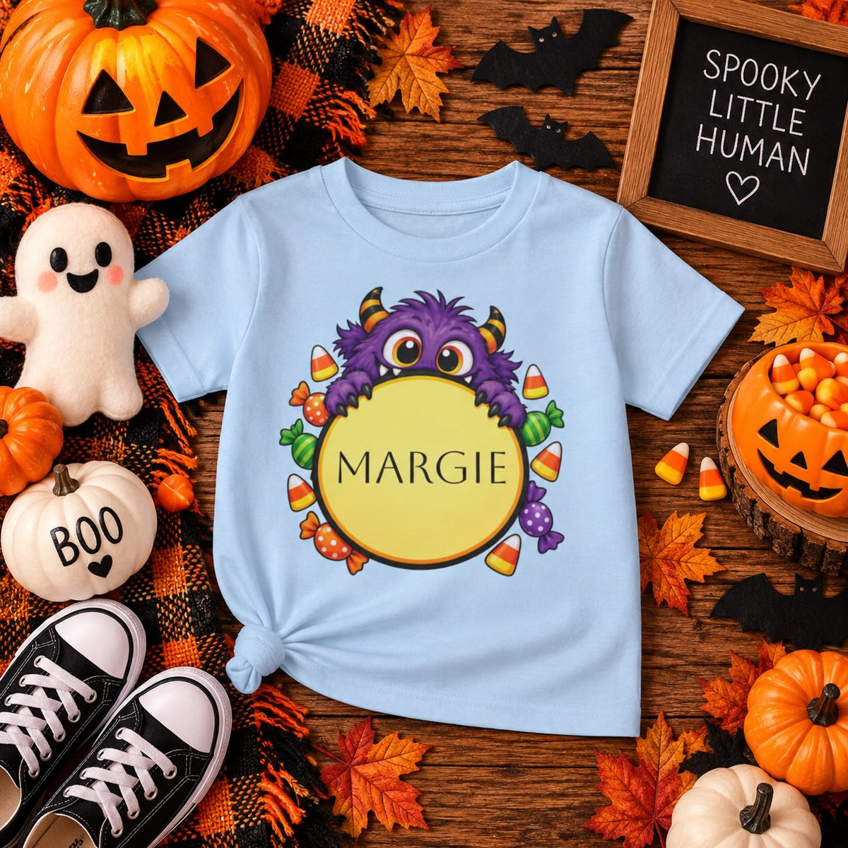 Personalized candy monster Halloween toddler t-shirt, folded product shot