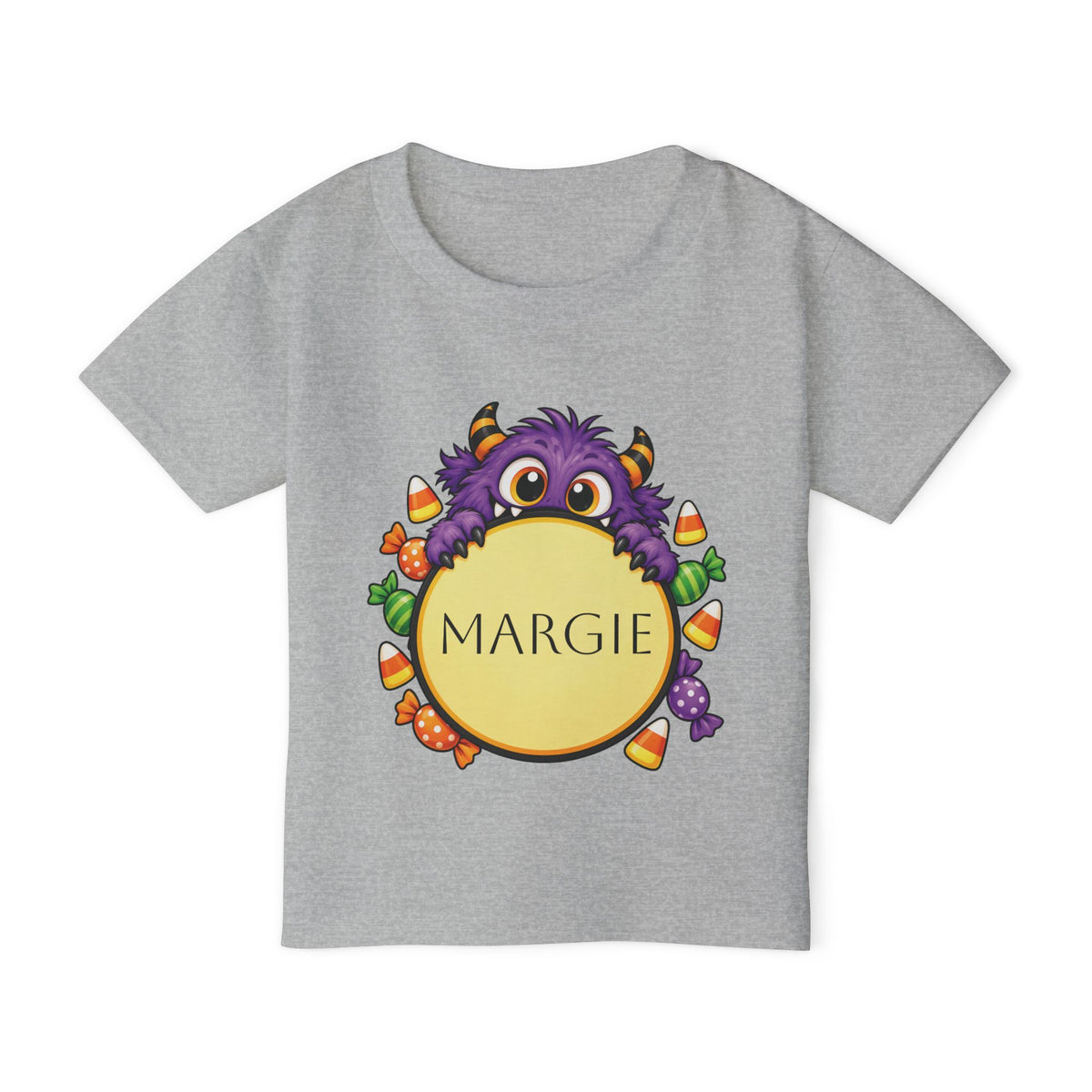 Toddler girl wearing personalized candy monster Halloween t-shirt
