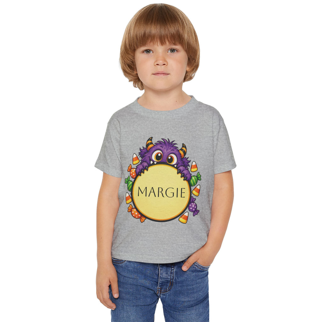Personalized candy monster Halloween toddler t-shirt in heather grey colorway