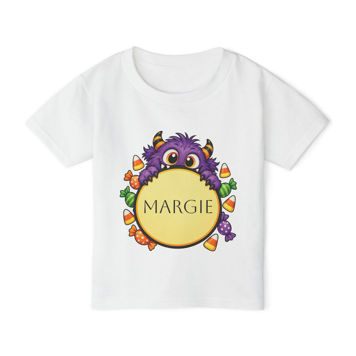 Personalized candy monster Halloween toddler t-shirt with custom name, front flat lay