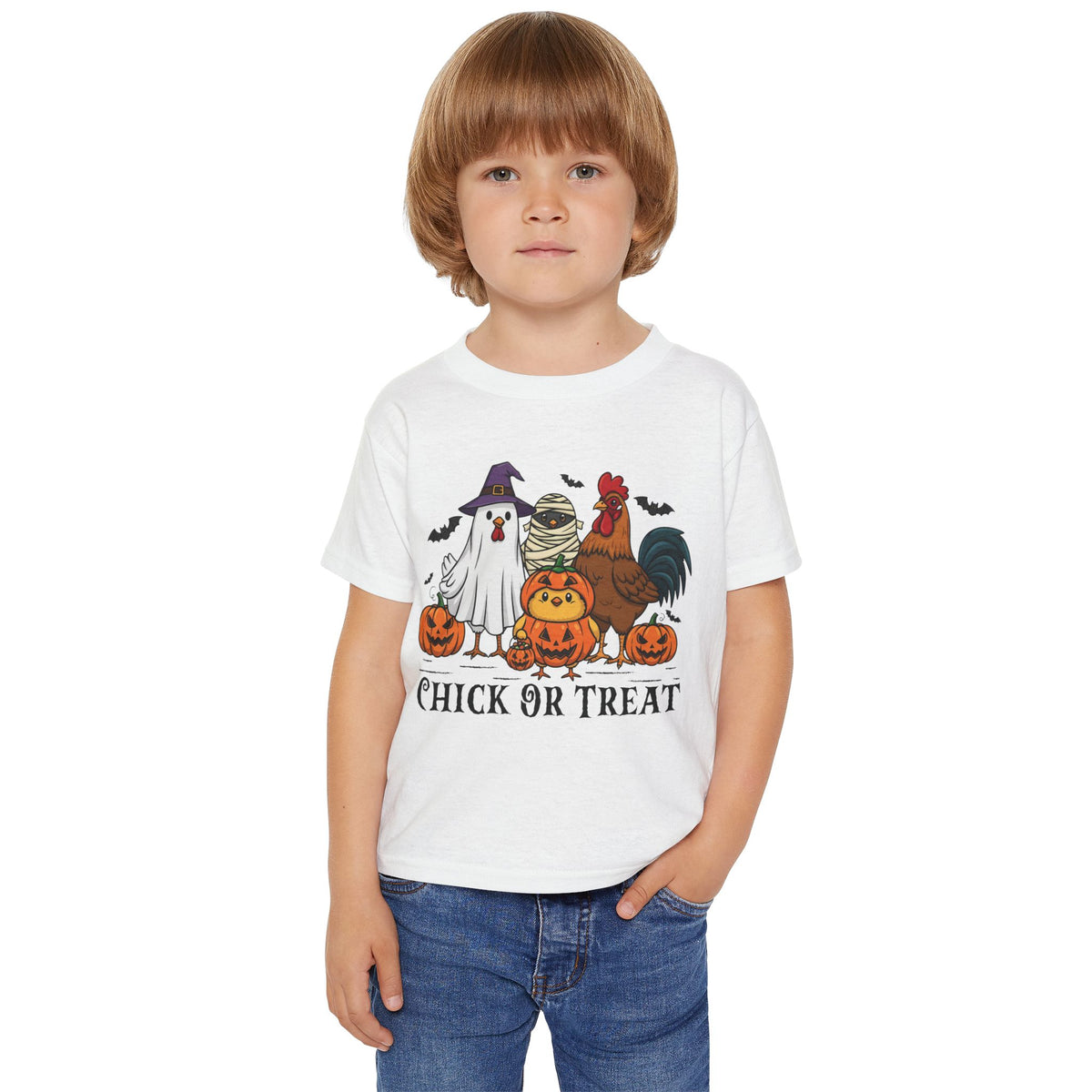 Toddler wearing personalized Chick or Treat Halloween t-shirt, back view showing custom name