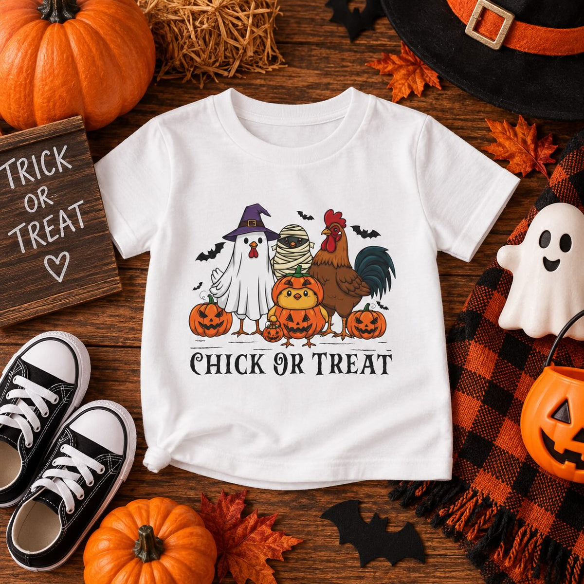 Toddler girl wearing personalized Chick or Treat Halloween t-shirt, front view