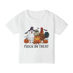 Chick or Treat Halloween toddler t-shirt, front flat lay with ghost hen, mummy chick and rooster graphic