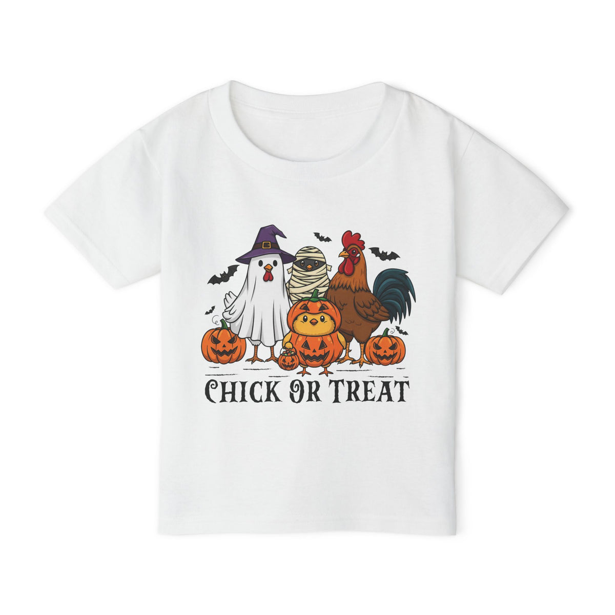Chick or Treat Halloween toddler t-shirt, front flat lay with ghost hen, mummy chick and rooster graphic