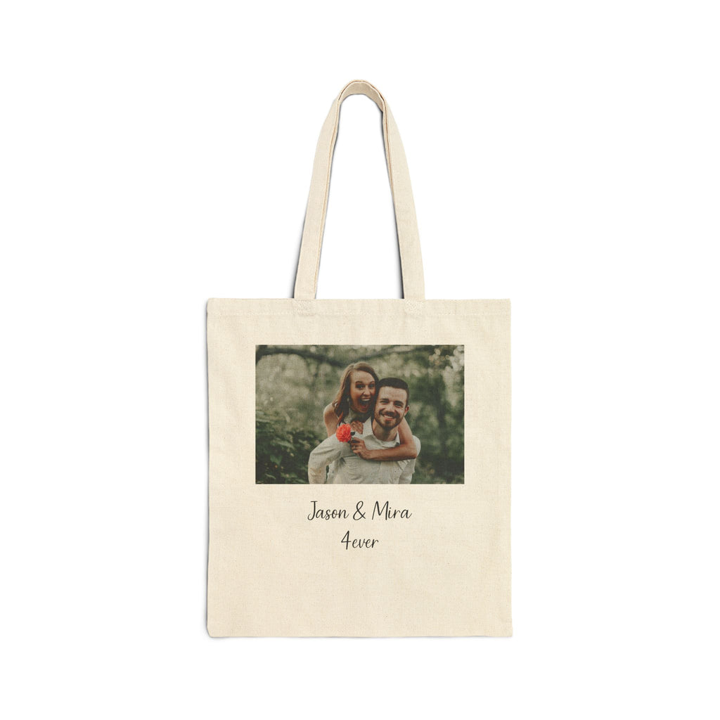 Personalized tote bag with couple photo and custom names in natural canvas