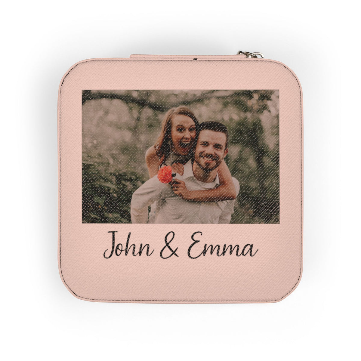 Personalized couple's photo jewelry travel case in pink with custom names, main product photo