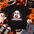 Personalized cute ghost Halloween kids t-shirt, close-up of fabric texture