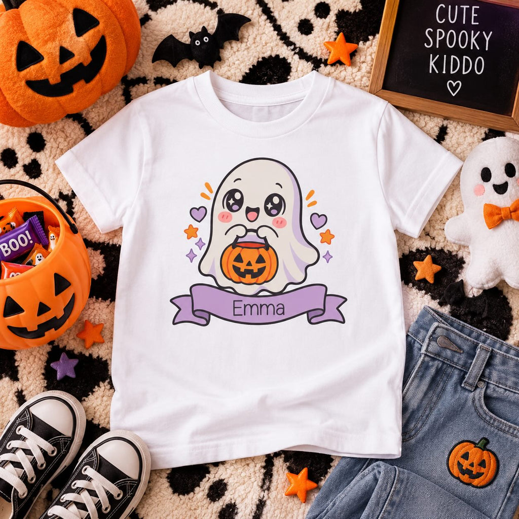 Girl wearing personalized cute ghost Halloween t-shirt