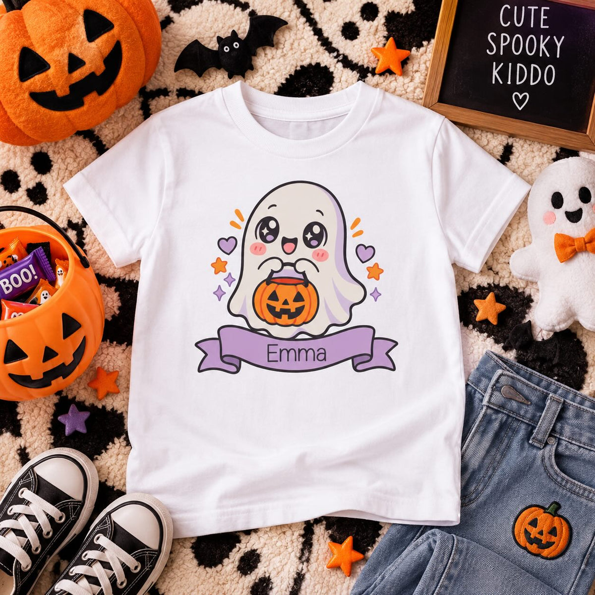 Girl wearing personalized cute ghost Halloween t-shirt