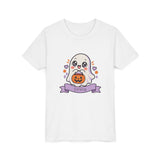 Personalized cute ghost Halloween kids t-shirt with custom name, front flat lay