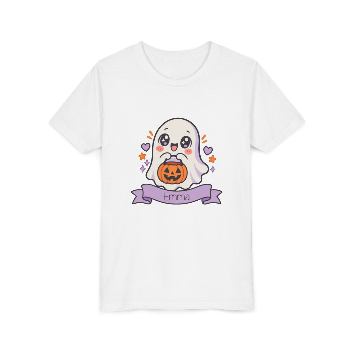 Personalized cute ghost Halloween kids t-shirt with custom name, front flat lay