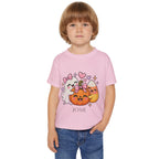 Toddler wearing personalized ghost and pumpkin Halloween t-shirt, back view