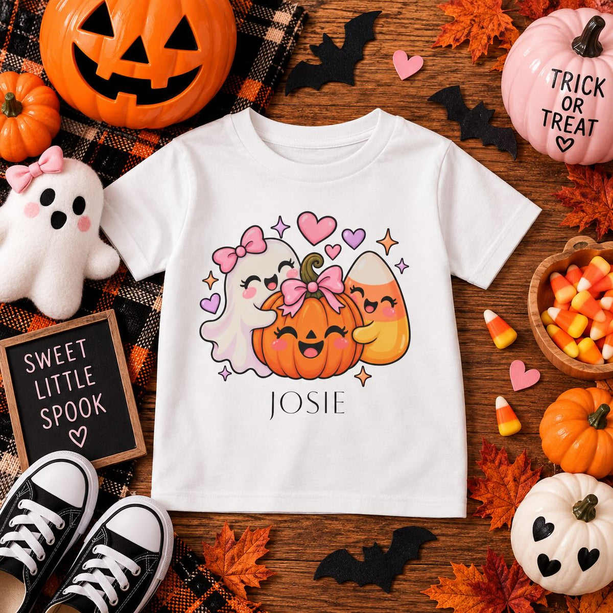 Personalized ghost and pumpkin toddler Halloween t-shirt, back view showing plain back