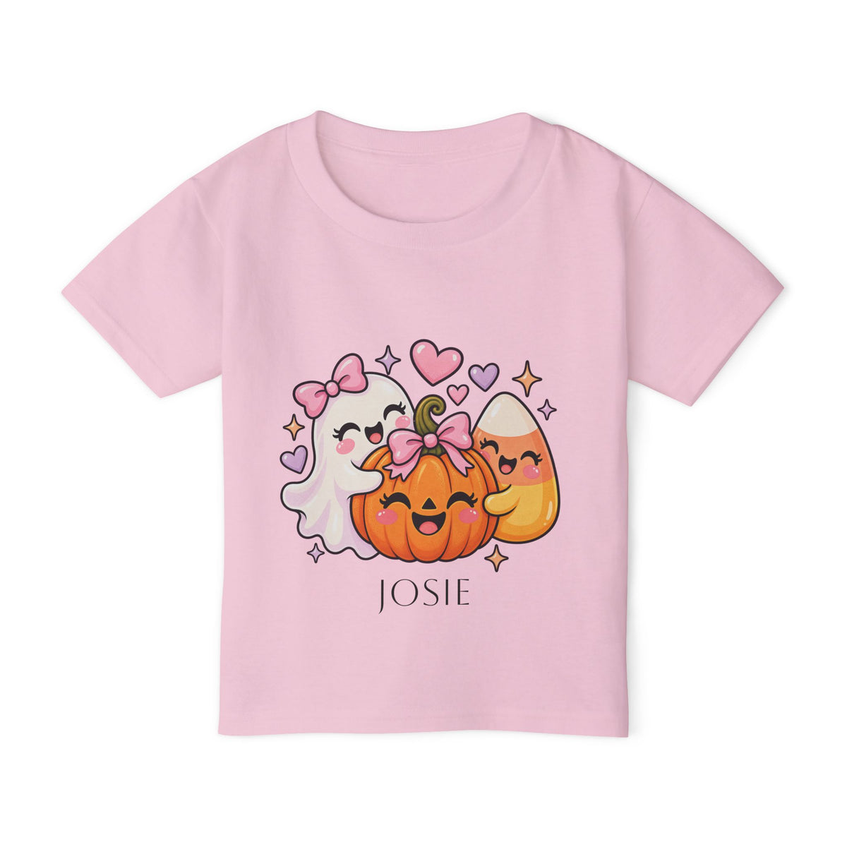Close-up of ghost, pumpkin and candy corn graphic with custom name