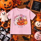 Personalized ghost and pumpkin toddler Halloween t-shirt, additional flat lay angle