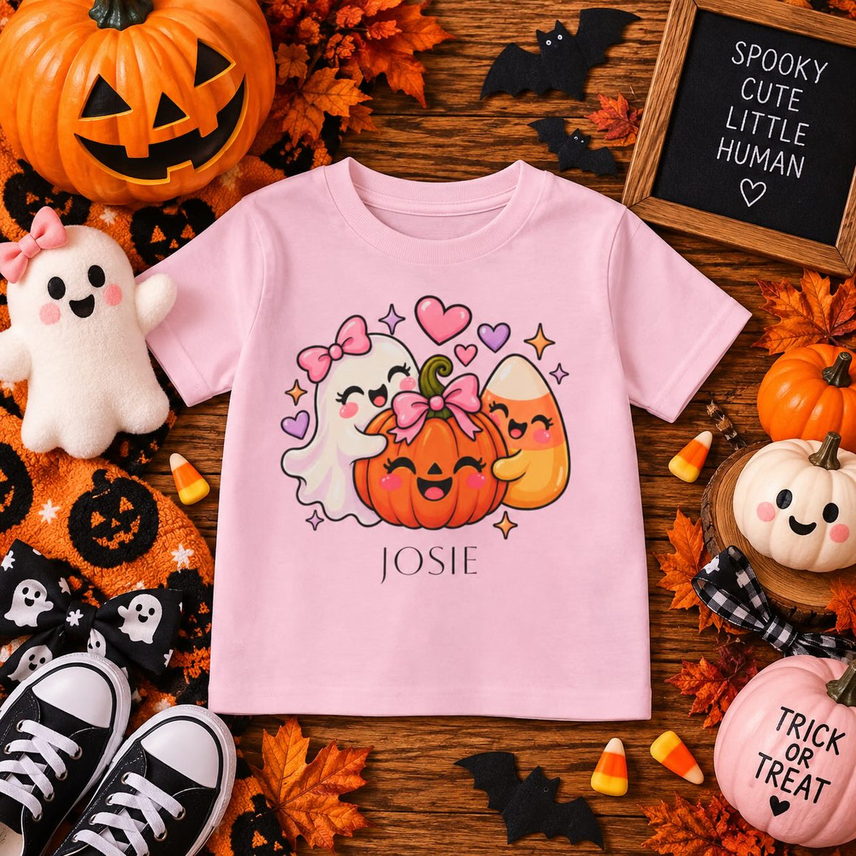 Personalized ghost and pumpkin toddler Halloween t-shirt, additional flat lay angle