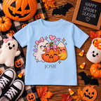 Personalized ghost and pumpkin toddler Halloween t-shirt, folded product shot